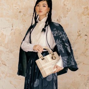 迪奥手袋五格杏色条纹Dior Lady  24cm 上身效果图