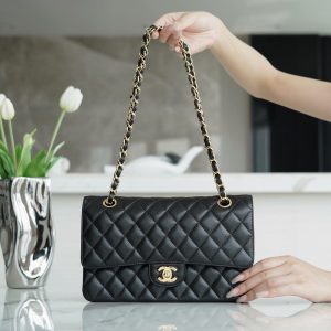 chanel  cf classic fiap 荔枝纹中号 黑金官方网站香奈儿包包