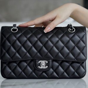 chanel cf classic fiap 荔枝纹中号 黑银香奈儿名牌包包