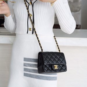 chanel classic fiap荔枝纹 方胖子 黑金香奈儿classic flap上身图