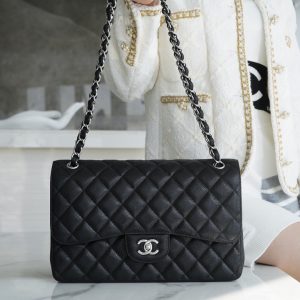 chanel cf clsaaic fiap jumbo鱼子酱黑银香奈儿包包官网