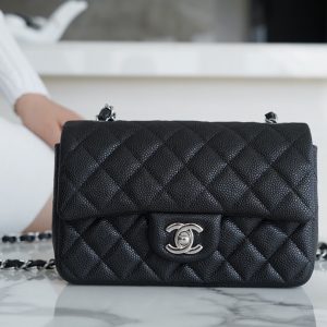 chanel cf classic flap荔枝纹mini黑银奢侈品牌香奈儿女包