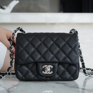 chanel classic flap荔枝纹 方胖子 黑银香奈儿名牌包包