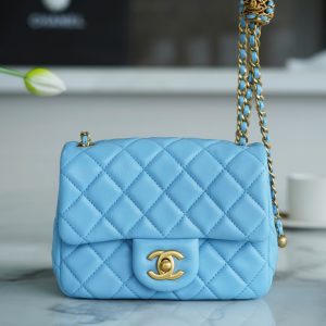 Japan香奈兒 22s 編織金球方胖子 天藍色香奈兒的女包