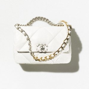 CHANEL 19 手袋小羊皮、金色、銀色及鍍釕金屬 白色