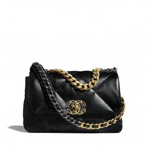 CHANEL 19 手袋小羊皮、金色、銀色及鍍釕金屬 黑色