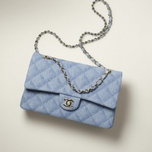CHANEL經典款手袋印色牛仔布及金色金屬 淺藍色