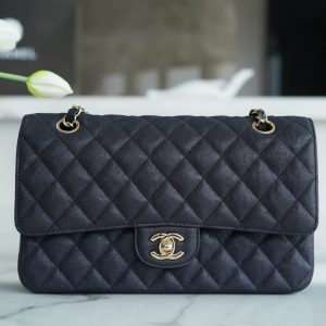 CHANEL flap水洗胎牛正品皮 中號 黑藍香奈兒包包官網