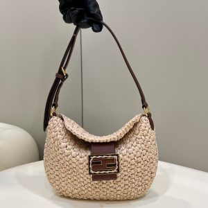 芬迪 Fendi拉菲草牛角腋下包純手工全套包裝發票杏色