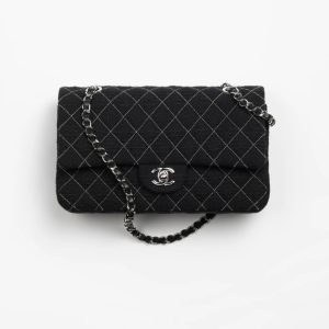 香奈兒經典手袋官網CHANEL經典手袋羊毛斜紋軟呢與銀色金屬 黑