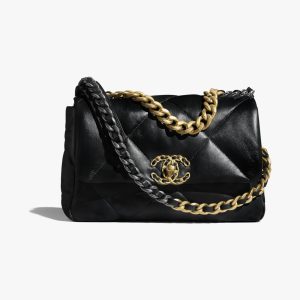 CHANEL 19 手袋亮色小羊皮、金色金屬、銀色金屬與釕色金屬 黑